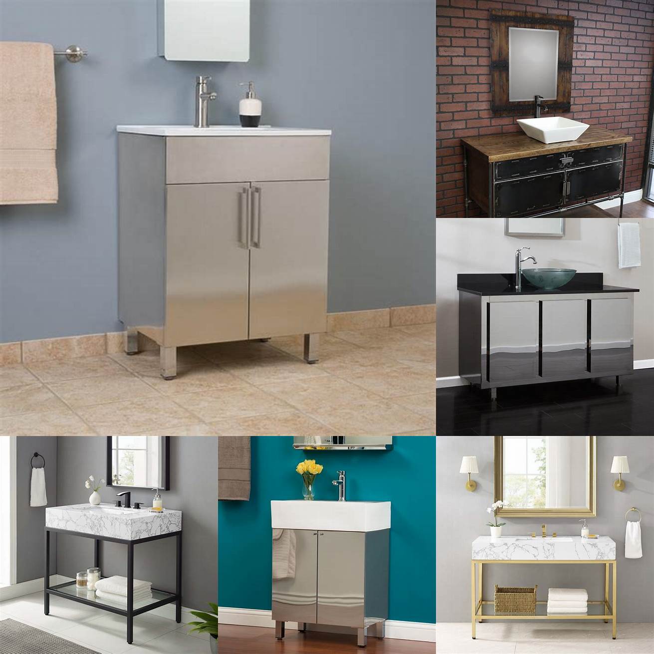 Metal Metal vanities like those made from stainless steel or brass can add an industrial or modern touch to your bathroom
