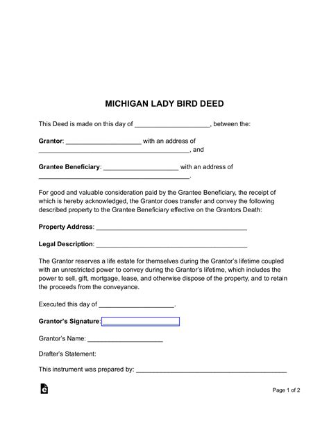 Michigan Lady Bird Deed Template