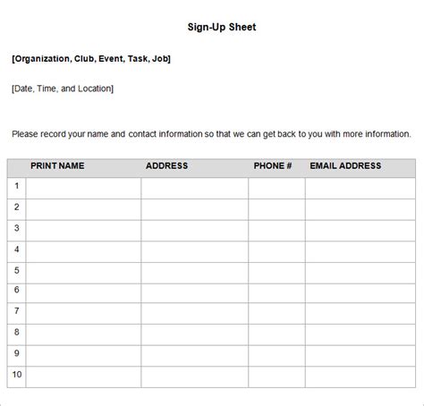 Microsoft Word Sign Up Sheet Template