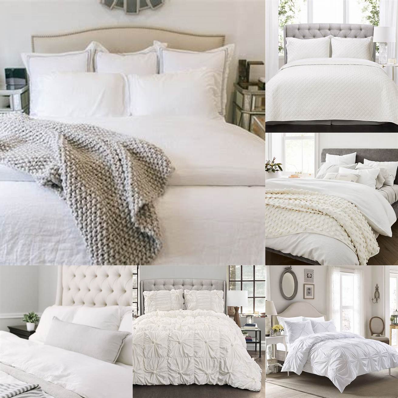 Minimalist bed with white bedding and a textured throw blanket