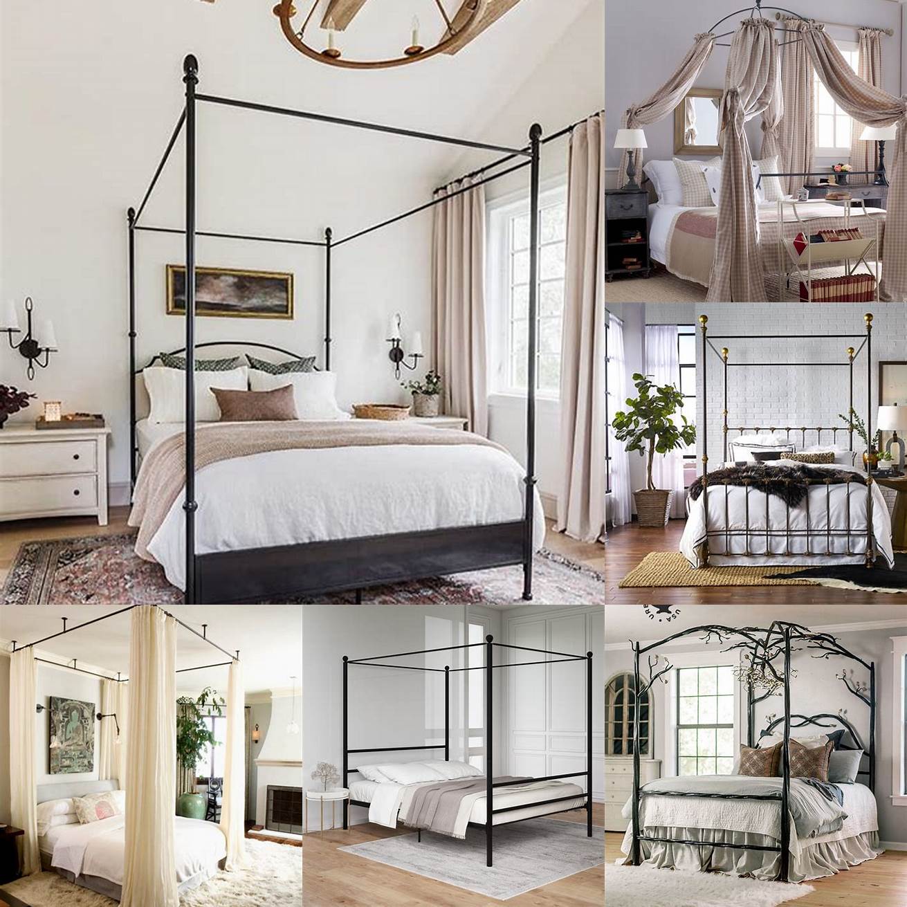 Minimalist metal canopy bed with neutral bedding