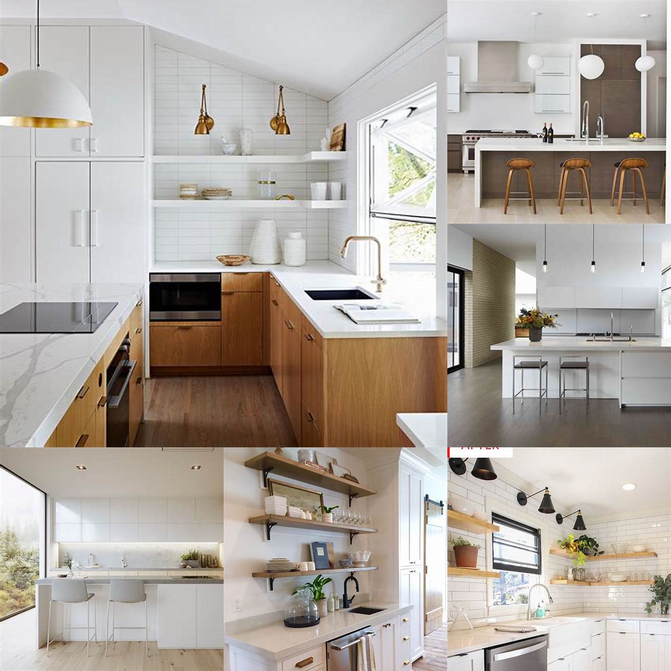 Minimalist white kitchen with sleek cabinetry and open shelving
