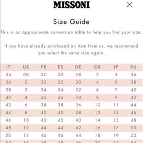 Missoni Size Chart