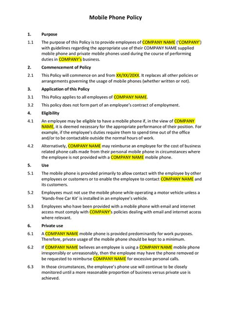 Mobile Phone At Work Policy Template