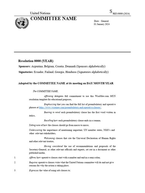 Model Un Resolution Template