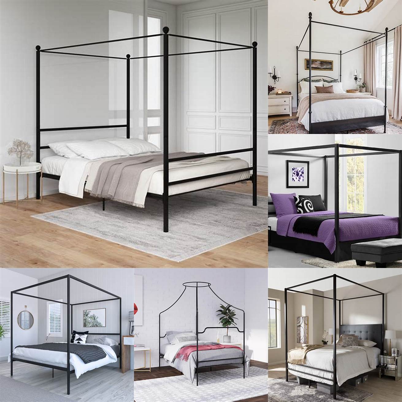 Modern metal canopy bed with black bedding