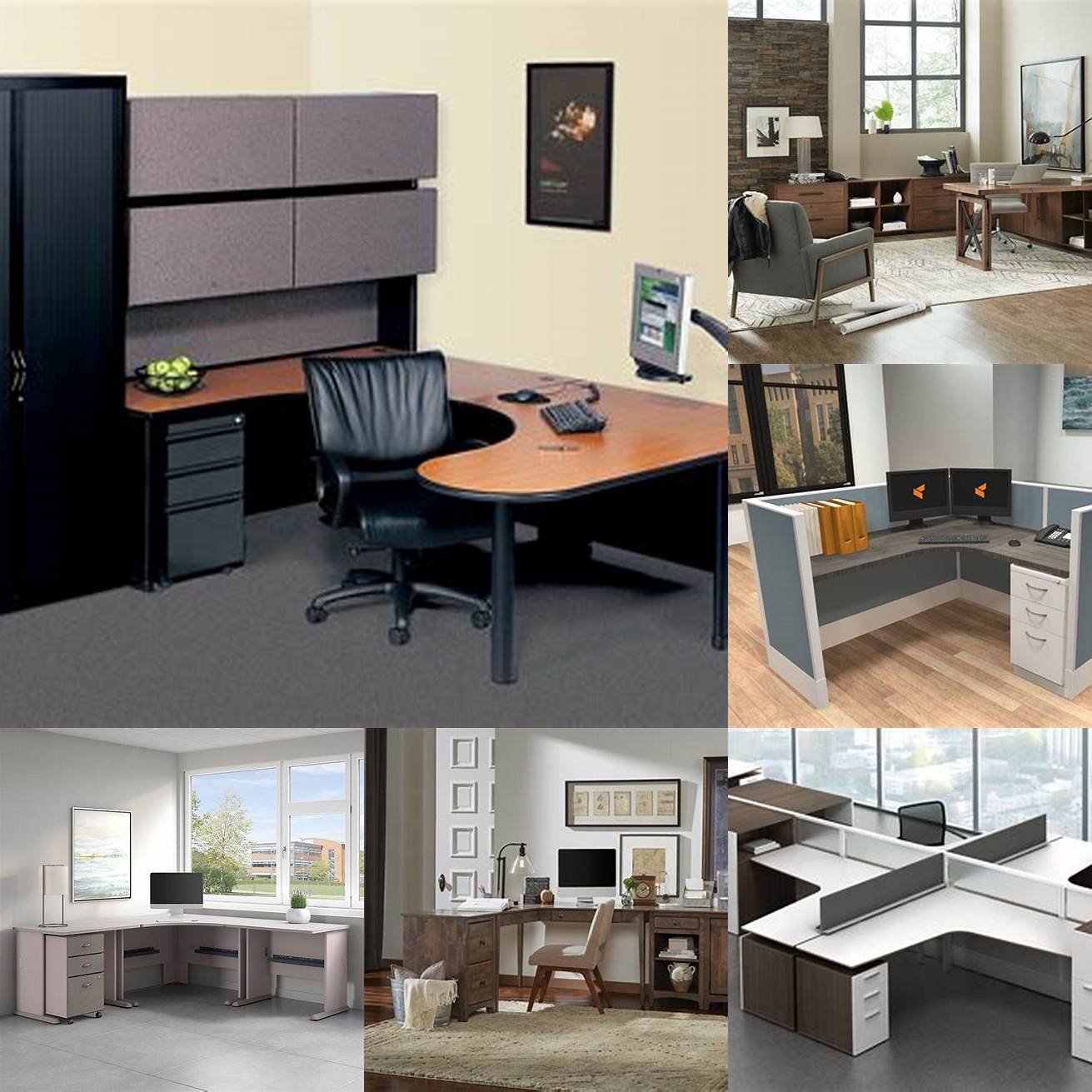 Modular office furniture in different settings