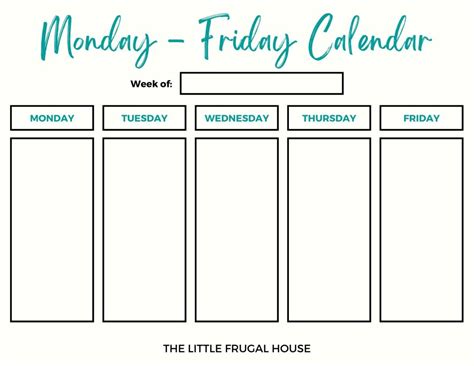 Monday Thru Friday Printable Calendar