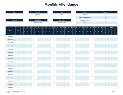 Monthly Attendance Sheet Template