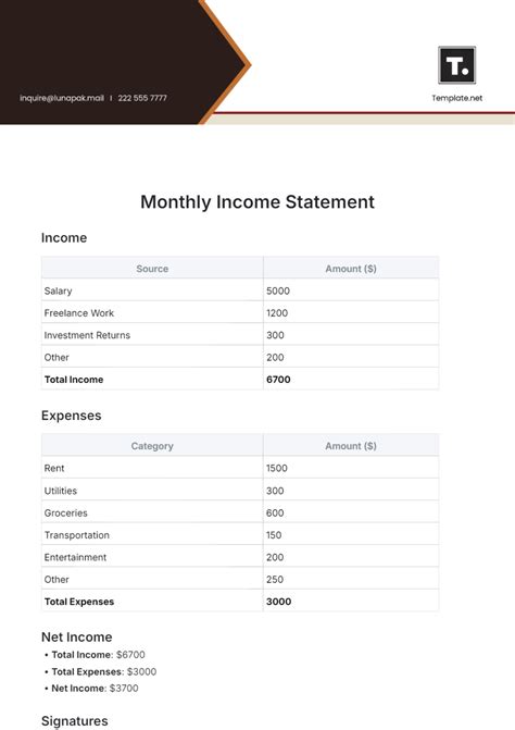 Monthly Income Statement Template