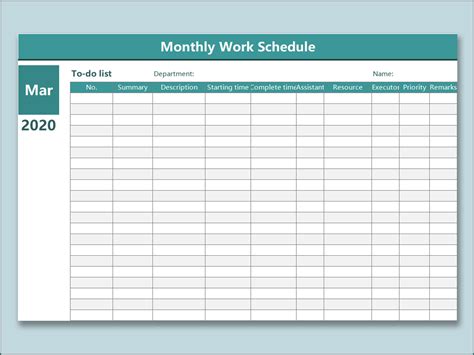 Monthly Work Schedule Template Excel