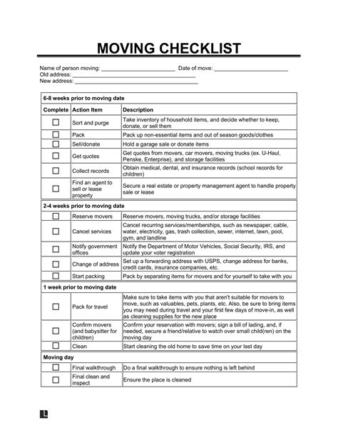 Moving Plan Template