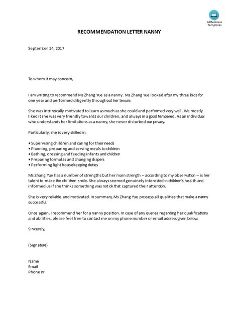 Nanny Reference Letter Template