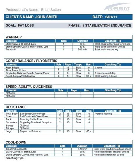 Nasm Workout Template