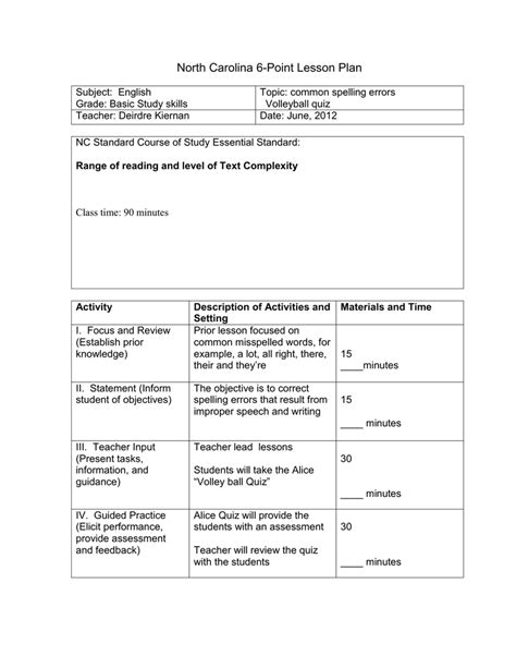Nc Lesson Plan Template