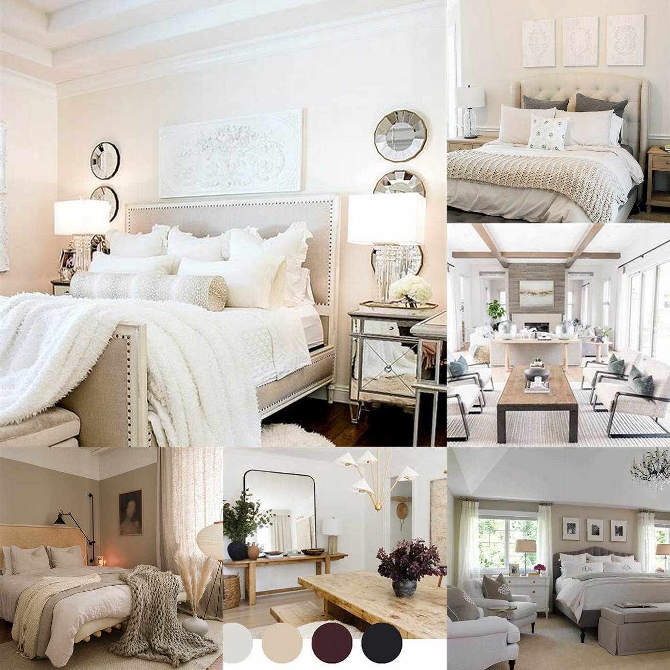 Neutral color palette with white bedding and wooden accents