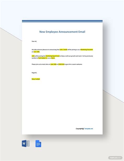 New Employee Announcement Email Template