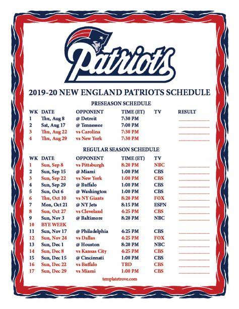 New England Patriots Schedule Printable