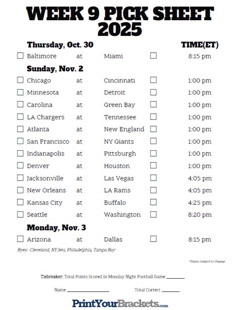 Nfl Printable Schedule Week 9