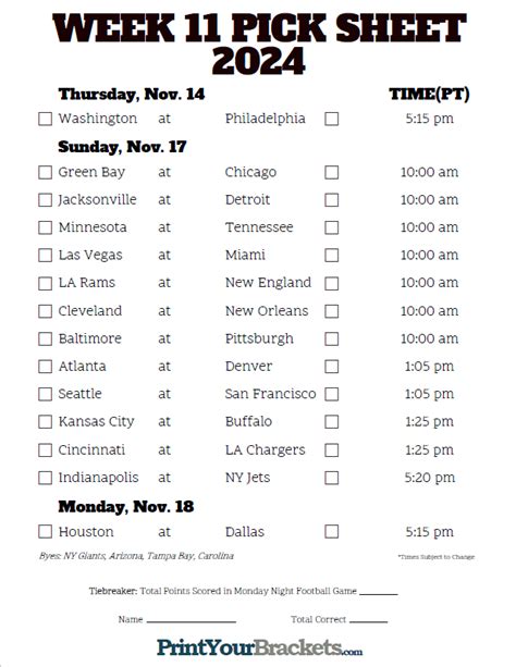 Nfl Schedule Week 11 Printable