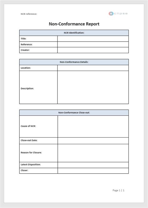 Non Conformance Report Template Word