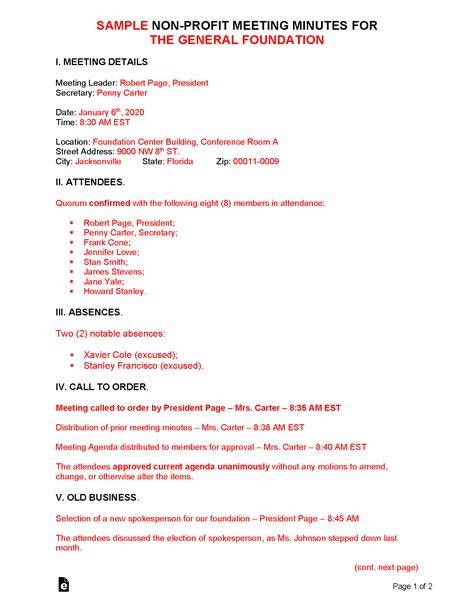 Non Profit Organization Minutes Template