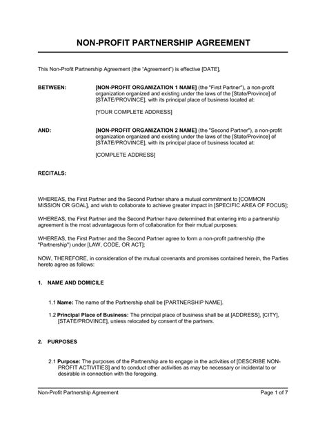 Non Profit Partnership Agreement Template