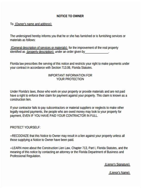 Notice To Owner Florida Template