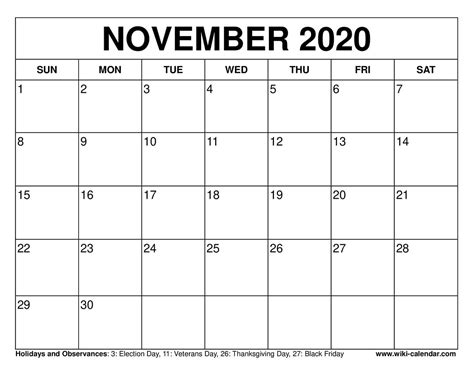 November Printable Calander