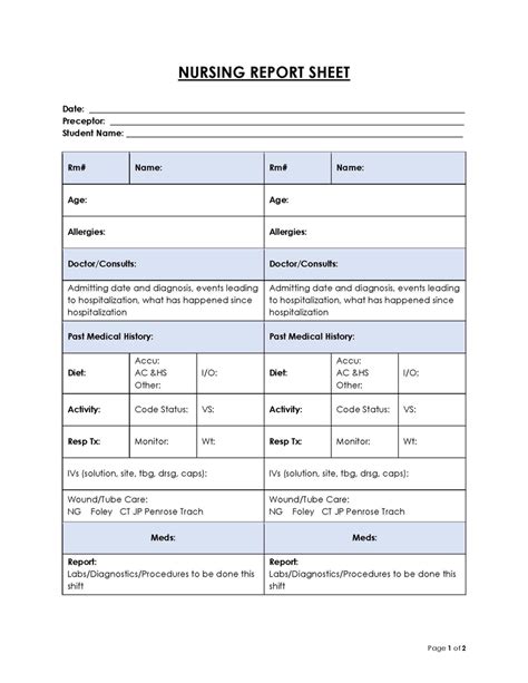 Nursing Report Sheet Template