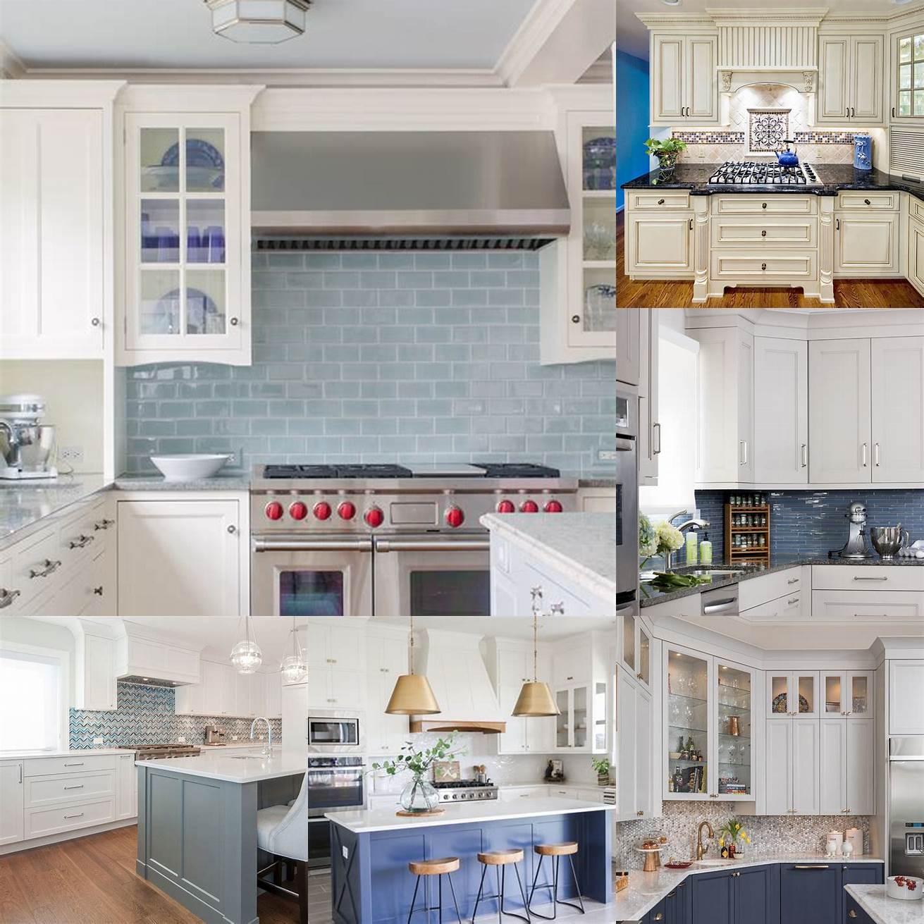 Off White Kitchen Cabinets with a blue backsplash