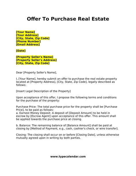 Offer To Purchase Real Estate Template