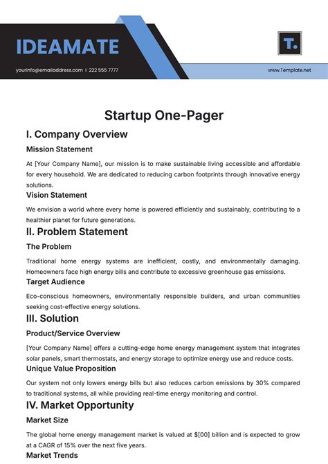 One Pager Template Startup