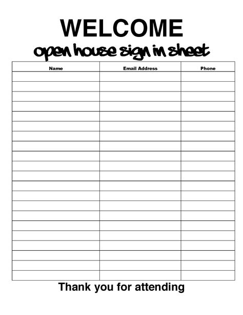 Open House Sign In Sheet Printable Free Download