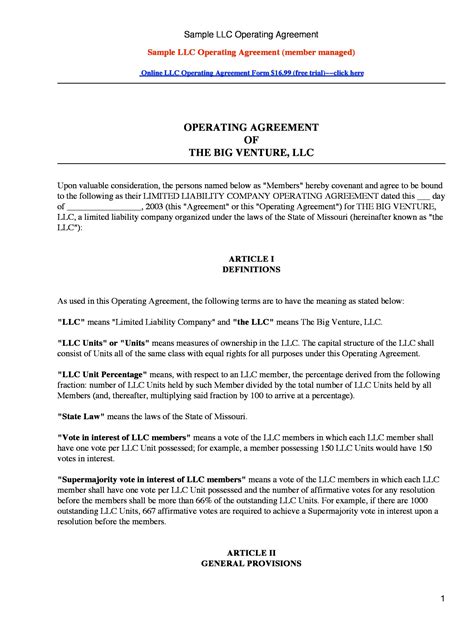 Operating Agreement For An Llc Template
