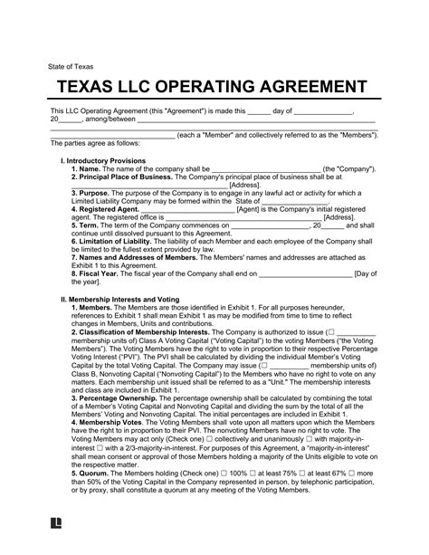 Operating Agreement Llc Template Texas