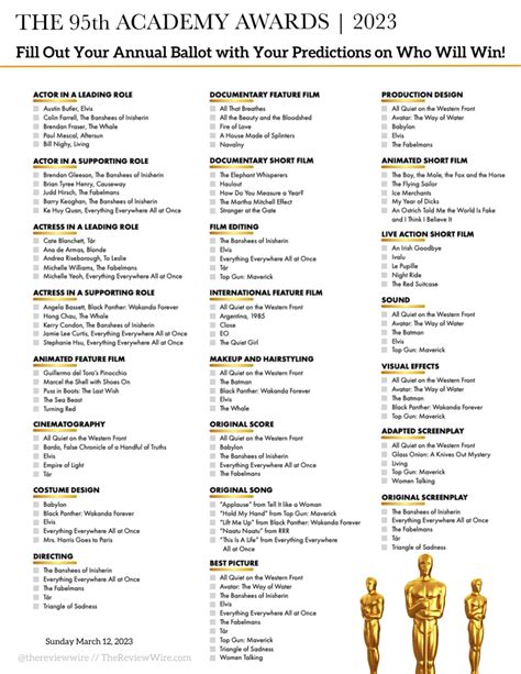 Oscar Nominations Printable