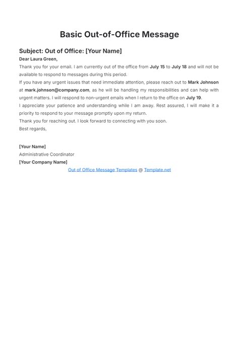 Out Of Office Message Template