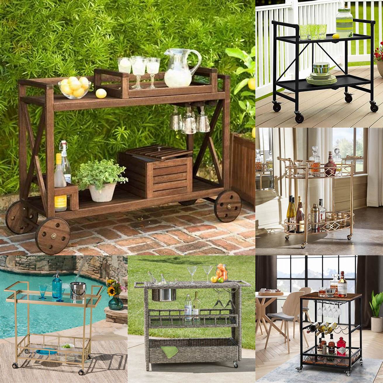 Outdoor bar cart with colorful glassware