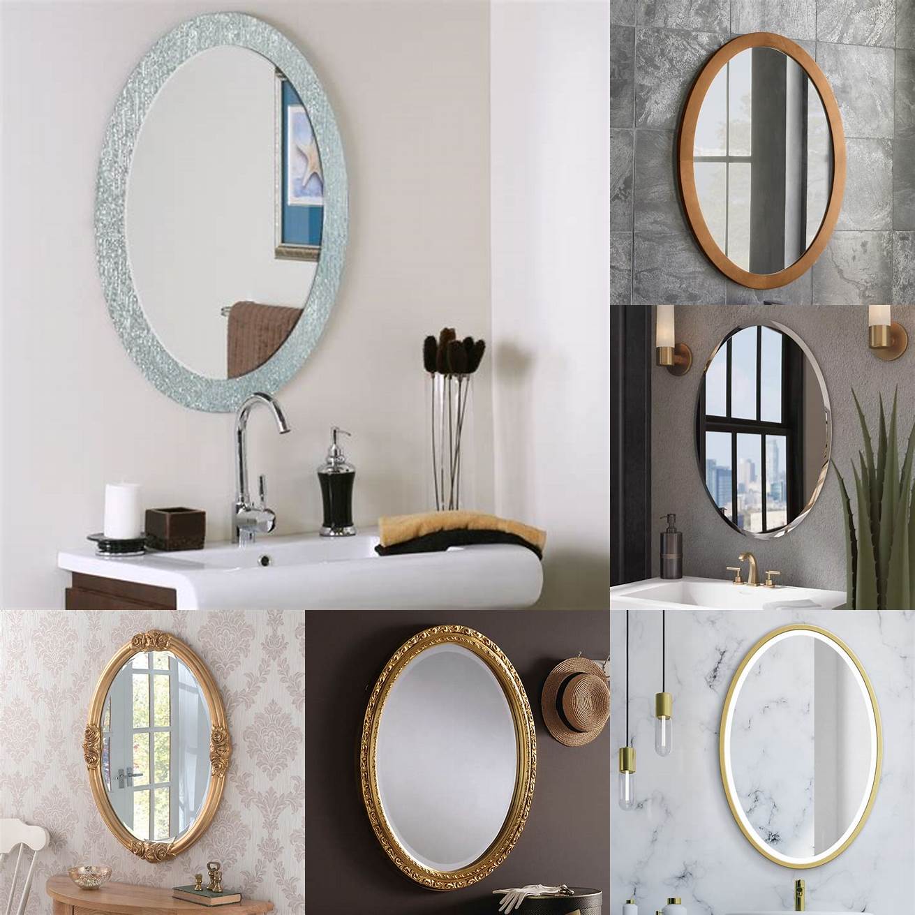 Oval framed bathroom mirror with gold frame