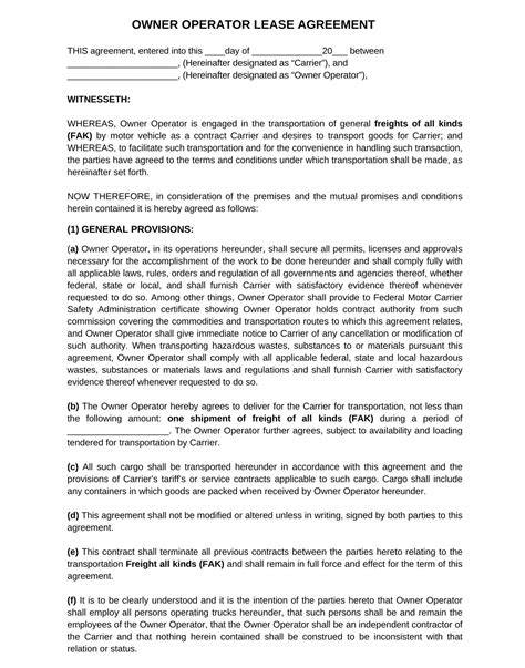Owner Operator Lease Agreement Template