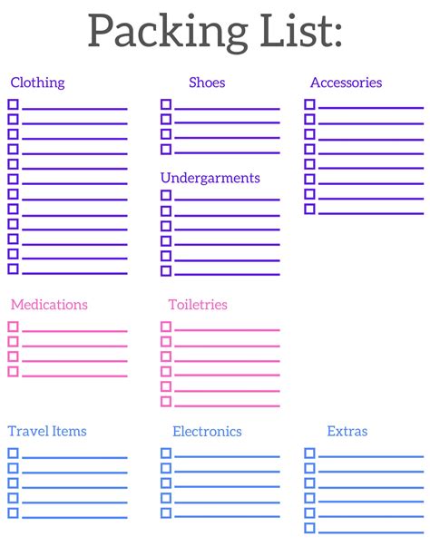 Packing List For Vacation Template