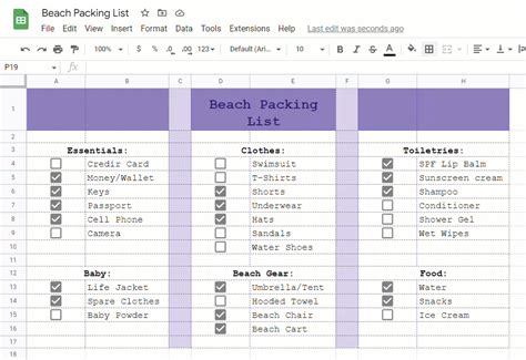 Packing List Google Sheets Template