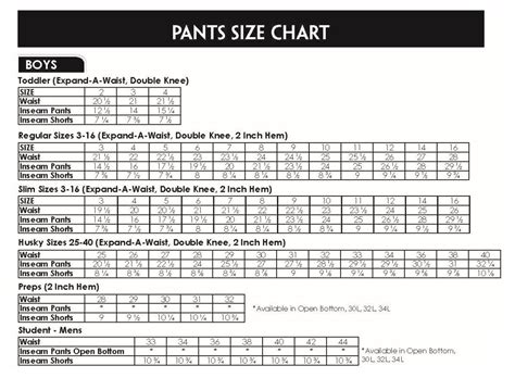 Pants Size Chart Youth