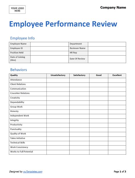 Performance Review Template For Employee