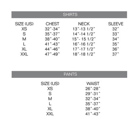 Perry Ellis Size Chart
