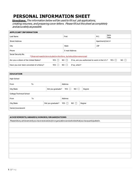 Personal Information Form Template Word