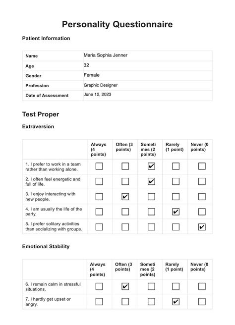 Personality Questionnaire Printable