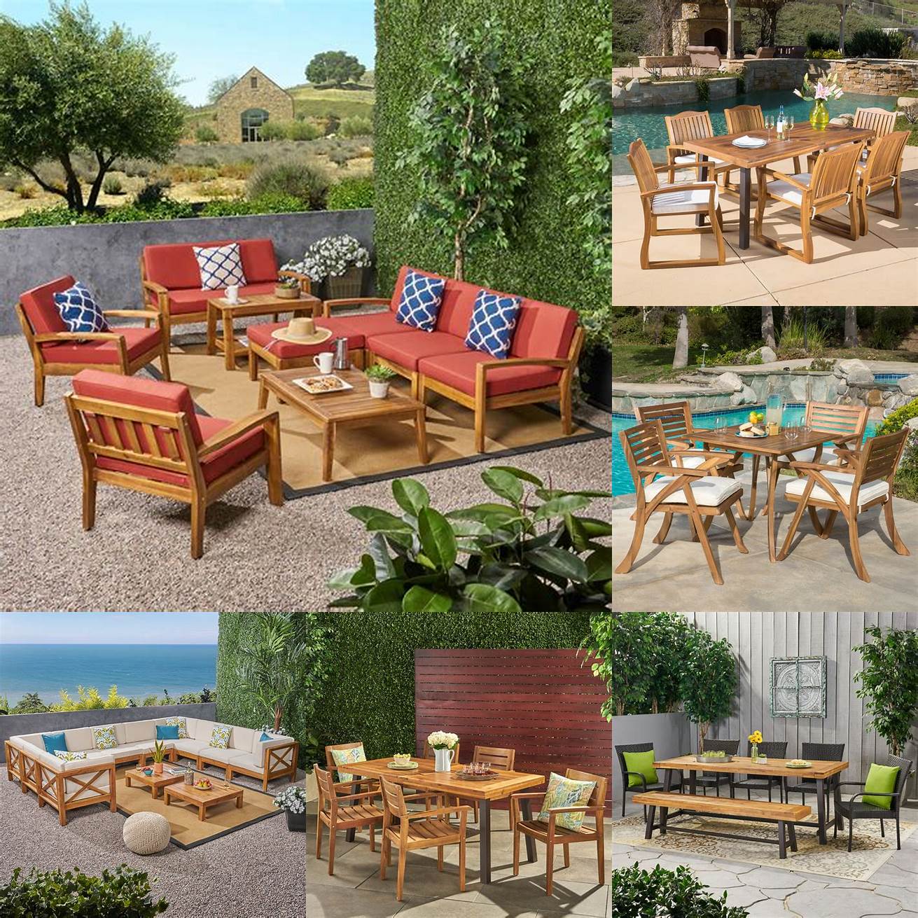 Photo of Acacia furniture in different outdoor settings