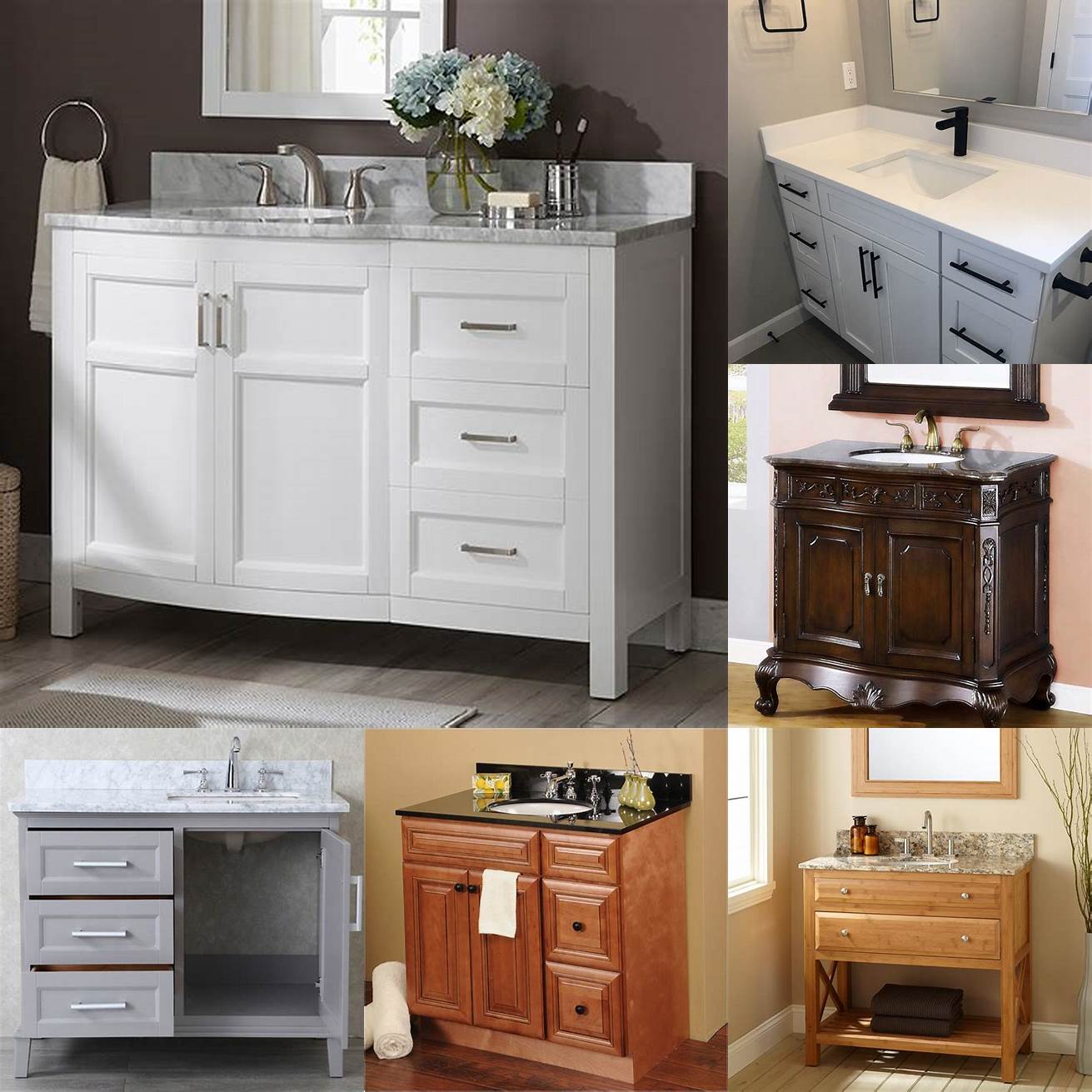 Photos of clearance vanities with different hardware options